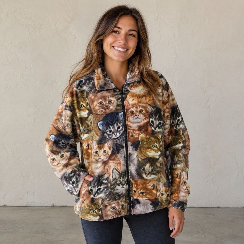Black Mountain Fleece Women Plus 2X Multicolor Cat Jacket With Zipper Vtg